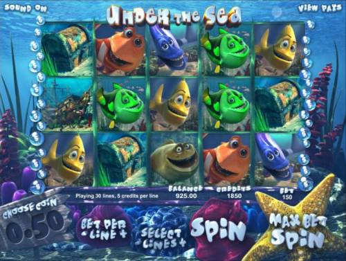 Under The Sea Big Bonus Slots main game board featuring five reels and thirty paylines