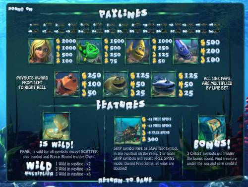 Under The Sea Big Bonus Slots slot game symbols paytable and payline diagrams