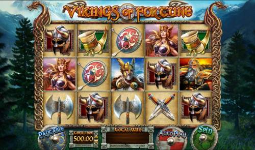 Vikings of Fortune Big Bonus Slots Main game board featuring five reels and 20 paylines with a $500,000 max payout