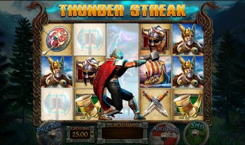 Vikings of Fortune Big Bonus Slots Thunder Streak Wild feature triggered. Center reel is held and all other reels are respun.