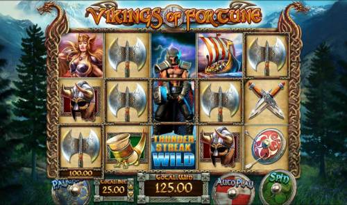 Vikings of Fortune Big Bonus Slots Thunder Streak feature leads to a 125.00 payout.