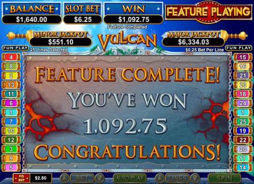 Vulcan Big Bonus Slots free spins feature pays out $1092 big win