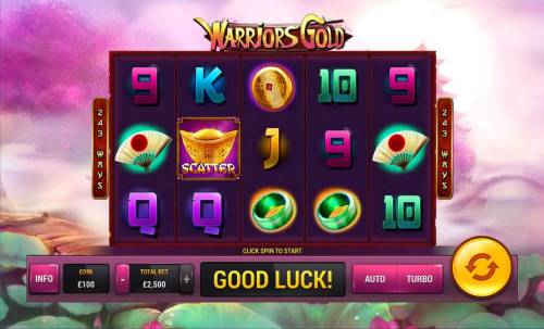 Warriors Gold Big Bonus Slots Main game board featuring five reels and 243 winnin combinations with a $100,000 max payout.