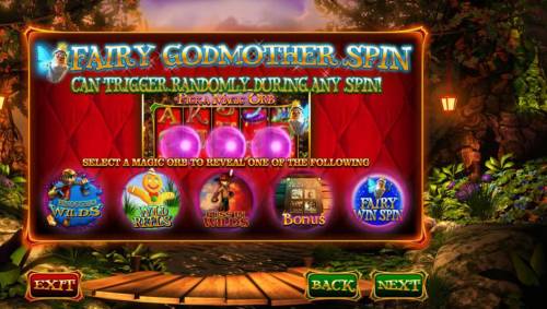 Wish Upon a Jackpot Big Bonus Slots Fairy Godmother Spin can trigger randomly during any spin!. Select a magic orb to reveal one of the following prizes: Pinocchio Wlds, Wild Reels, Puss in Wilds, Bonus and Fairy Win Spin.