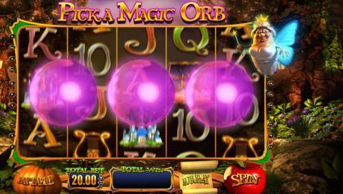 Wish Upon a Jackpot Big Bonus Slots Fairy Godmother Spin triggered, pick an orb to reveal a prize.