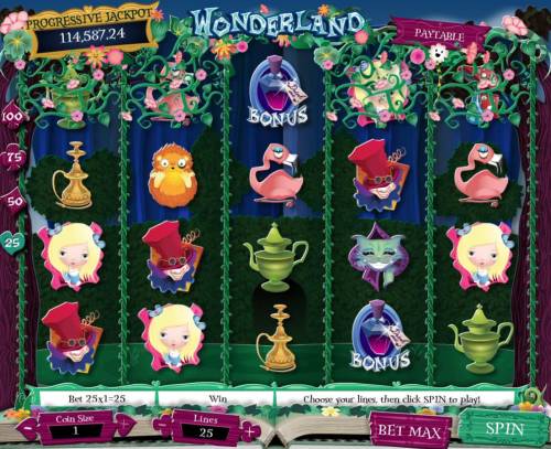 Wonderland Big Bonus Slots A fairy tale themed main game board featuring five reels and 100 paylines with a progressive jackpot max payout