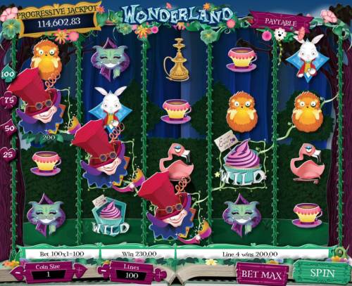 Wonderland Big Bonus Slots A winning Four of a Kind triggers a 200.00 line pay.