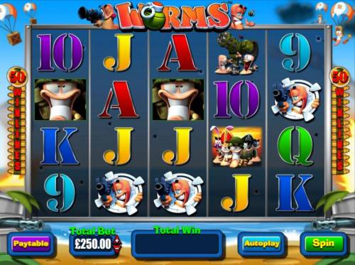 Worms Big Bonus Slots Main game board featuring five reels and 50 paylines with a $250,000 max payout