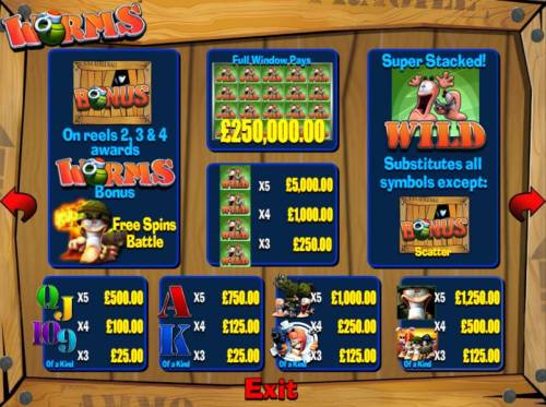 Worms Big Bonus Slots Scatter, Wild, Bonus and slot game symbols paytable.