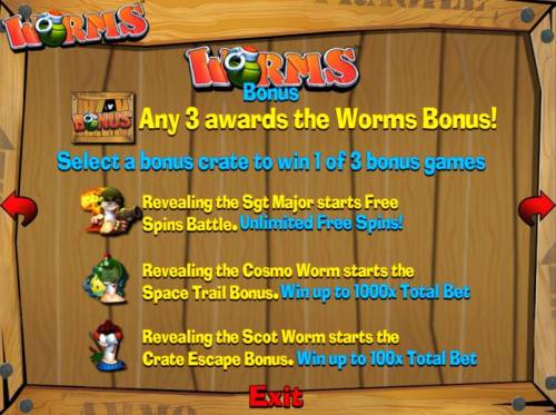 Worms Big Bonus Slots 3 bonus symbols awards the Worms Bonus. Select a bonus crate to win 1 of 3 bonus games. Spin Battle, Space Trails Bonus and Crate Escape Bonus.