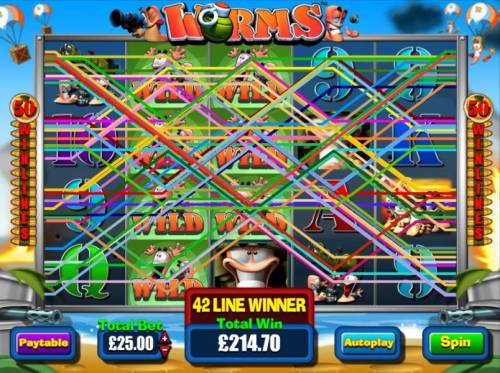 Worms Big Bonus Slots 42 multiple winning paylines triggerd a 214.70 big win!