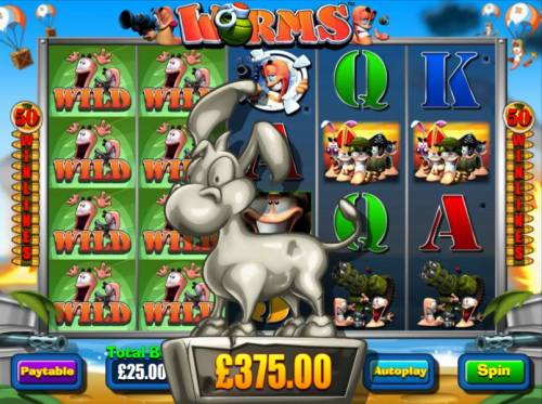 Worms Big Bonus Slots Stacked wilds on reels 1 and 2 leads to a 375.00 big win.