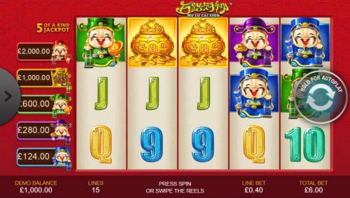 Wu Lu Cai Shen Big Bonus Slots An Asian cultural themed main game board featuring five reels and 15 paylines with a progressive jackpot max payout
