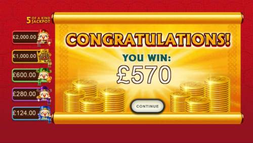 Wu Lu Cai Shen Big Bonus Slots The Free Games feature and Wild Super Spin payout a total of 570.00 for a big win.