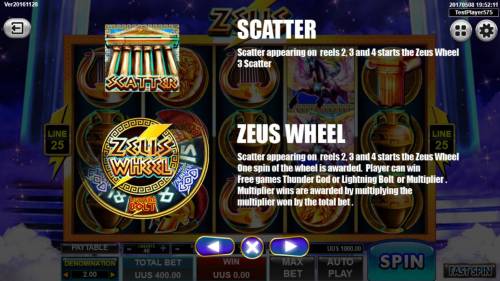 Zeus Big Bonus Slots Scatter appearing on reels 2, 3 and 4 starts the Zeus Wheel bonus.