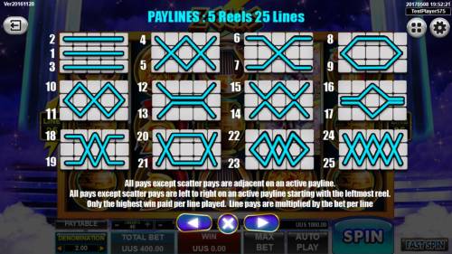 Zeus Big Bonus Slots Payline Diagrams 1-25. All pays except scatter pays are adjacent on an active payline. All pays except scatter pays are left to right on an active payline starting with the leftmost reel. Only the highest win paid per line played.
