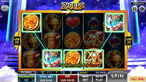 Zeus Big Bonus Slots A winning Five of a Kind triggers a 240.00 payout.